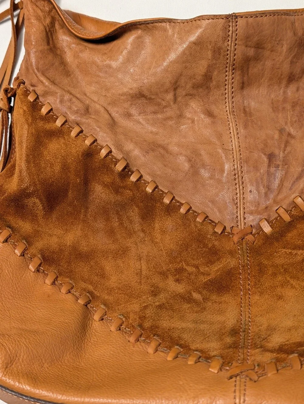 Johnny Was Brown and Tan Leather Suede Fringe Shoulder Bag